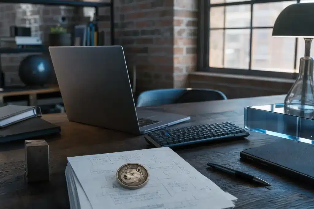 Is Dogecoin a Good Investment in 2026? What the Data and Risks Show 9 Developer loft desk with an engraved dog-motif metal token on technical notes