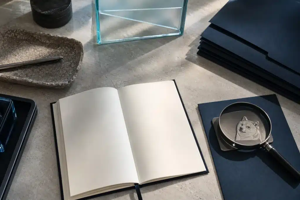 Overhead research desk with a DOGE metal plate beneath a magnifying glass