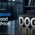 Editorial desk scene illustrating Dogecoin research with a brushed-metal DOGE sculpture