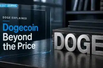 Editorial desk scene illustrating Dogecoin research with a brushed-metal DOGE sculpture