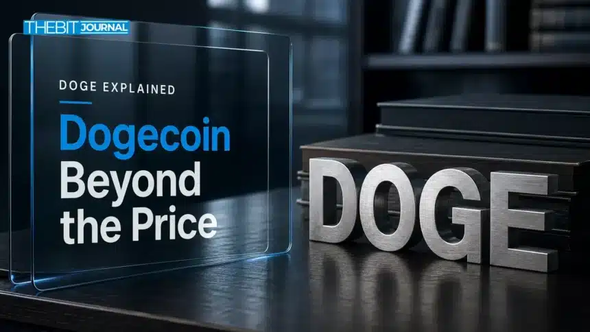 Editorial desk scene illustrating Dogecoin research with a brushed-metal DOGE sculpture