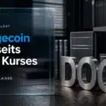 Was ist Dogecoin? DOGE-Skulptur aus gebürstetem Metall auf einem Recherche-Schreibtisch