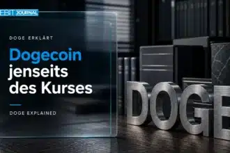Was ist Dogecoin? DOGE-Skulptur aus gebürstetem Metall auf einem Recherche-Schreibtisch