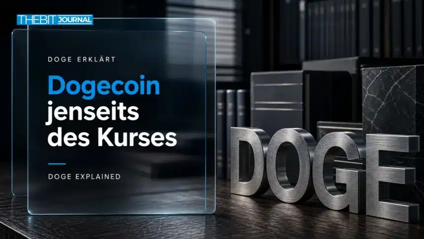 Was ist Dogecoin? DOGE-Skulptur aus gebürstetem Metall auf einem Recherche-Schreibtisch