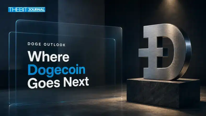 Dogecoin Price Prediction 2026: DOGE Scenarios, Key Levels and Risks 7 Brushed-metal Dogecoin sculpture illustrating the Dogecoin price prediction 2026 outlook