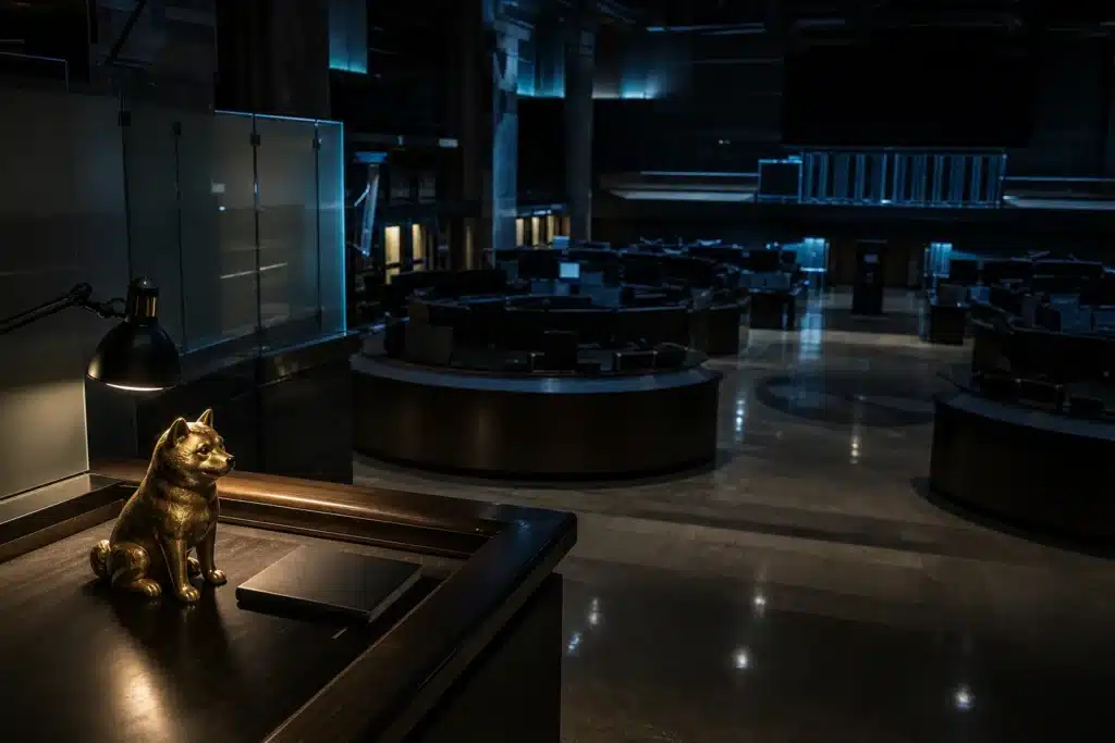 Is Dogecoin a Good Investment in 2026? What the Data and Risks Show 8 Quiet trading floor at night with a brass dog figurine under a desk lamp