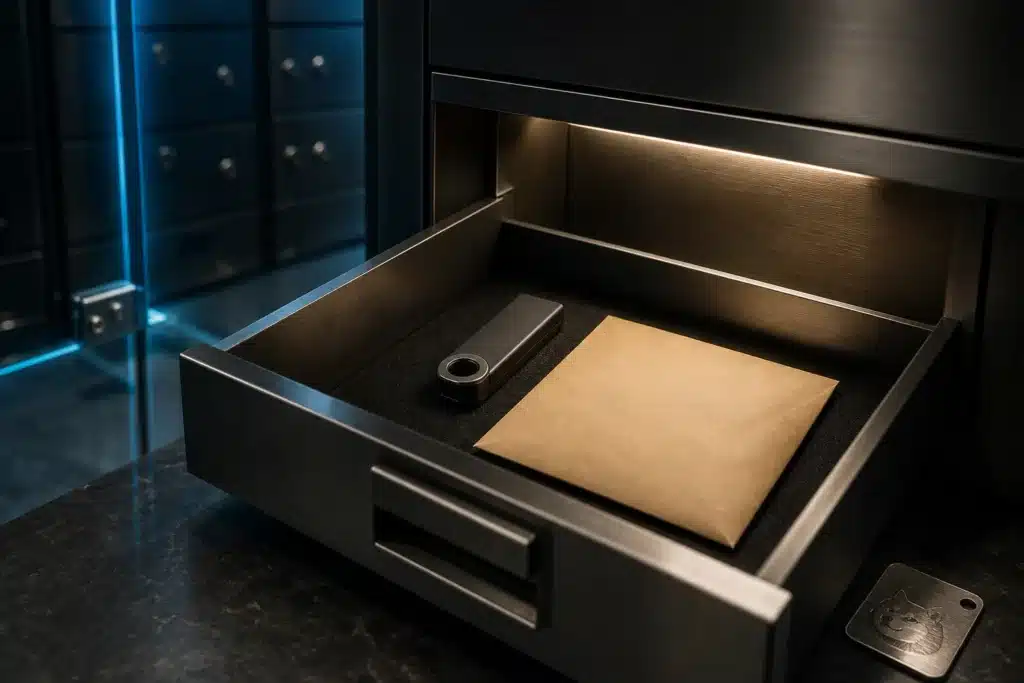 Hardware wallet and sealed envelope inside an open steel security drawer