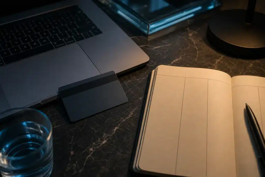 Polkadot kaufen: Kosten, Kaufablauf und Verwahrung prüfen 8 Umgedrehte Zahlungskarte neben Laptop und leerem Notizbuch für einen Kostenvergleich