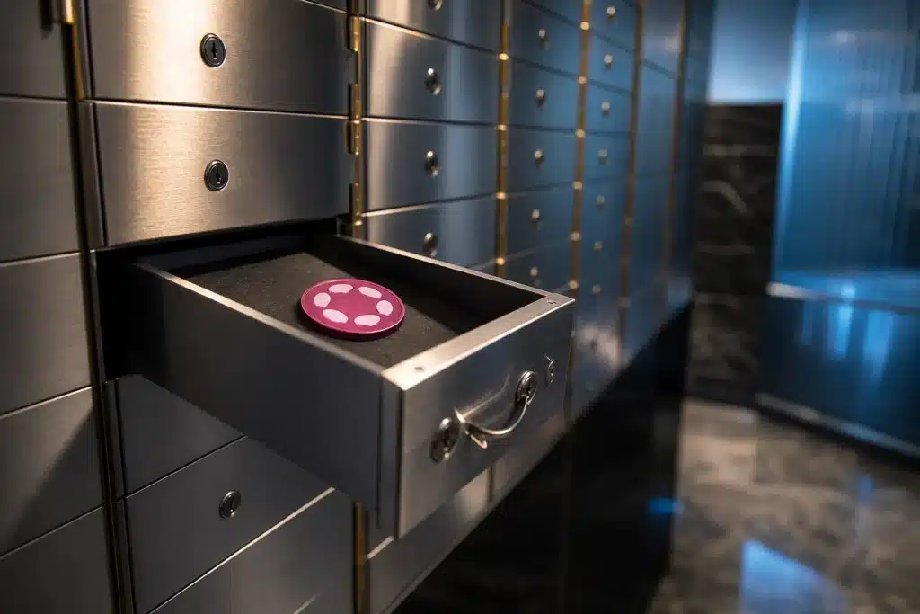 Polkadot Prognose 2026: DOT-Szenarien, wichtige Kursmarken und Risiken 9 Geöffnete Stahlschublade eines Tresors mit pinkfarbenem Metall-Token als Symbol für DOT-Verwahrung und ETF-Bestände