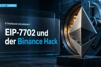 Metallskulptur des Ethereum-Symbols neben einer offenen Tresortür, Symbolbild zum EIP-7702 Binance Hack