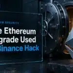 Metal Ethereum sculpture beside an open vault door illustrating the EIP-7702 Binance hack