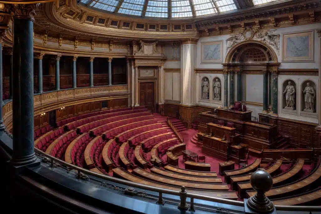 French Senate Backs Crypto Tax Data Sharing Bill Under OECD Rules 8 Empty semicircular parliamentary chamber with red seats under a glass ceiling