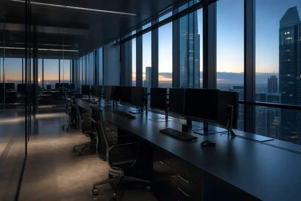Binance Hack: Investigation Finds More Breach Points in $6.3B Theft 9 Empty trading desk with dark monitors in a glass office tower at dawn after a crypto exchange hack