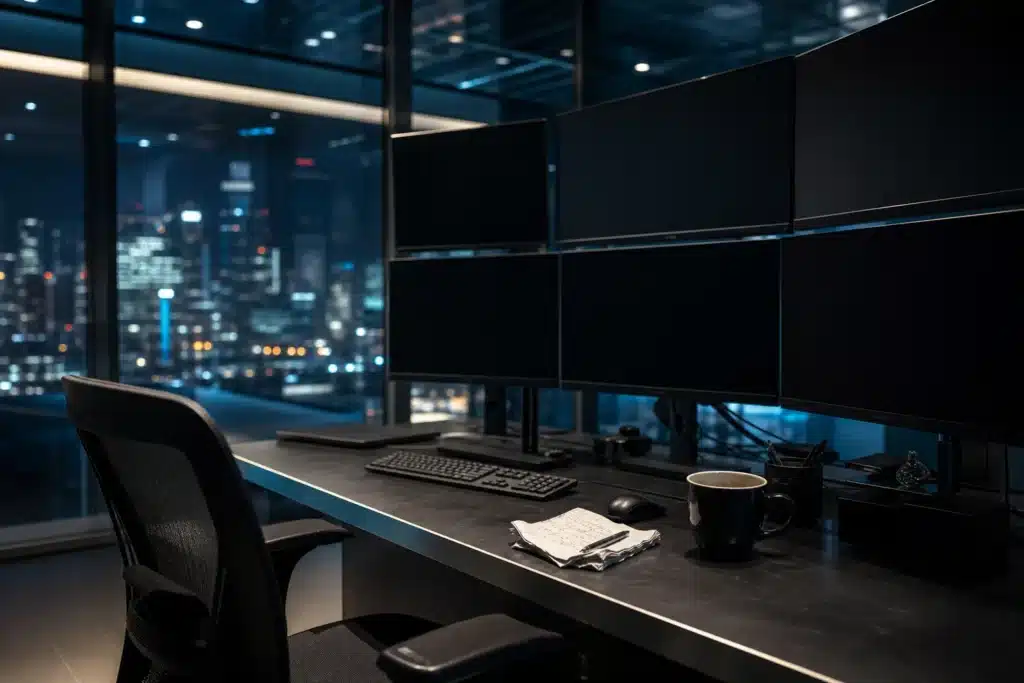 Binance Hack Probe: Suspicious Outflows Reach Up to $5.8 Billion 9 Empty trading desk at night in a glass office tower with city lights outside