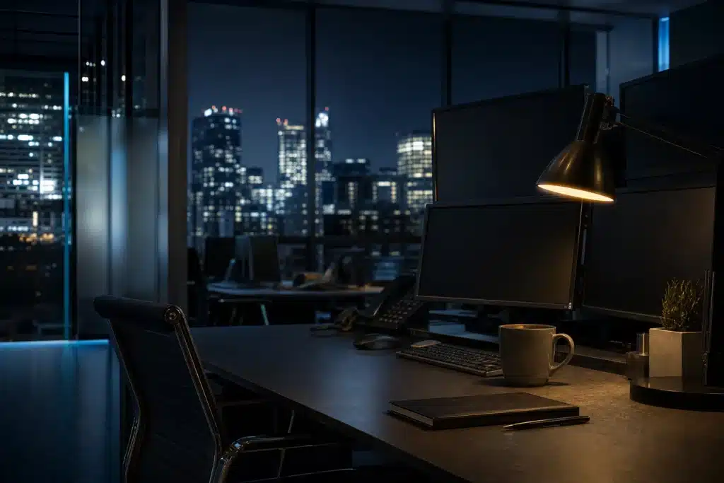 Empty trading desk at night with city skyline after the Alphabet stock selloff