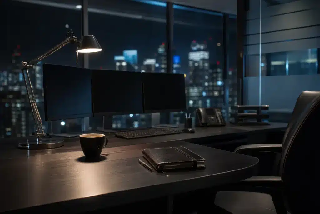 Empty trading desk at night with dark monitors and a city skyline behind glass windows