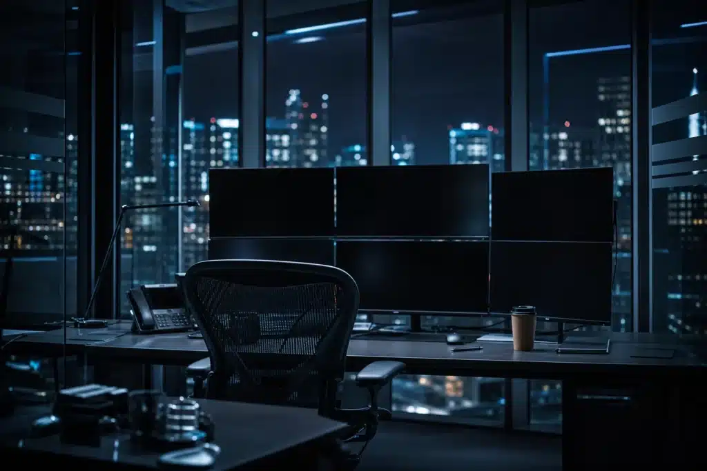 Empty trading desk at night in a glass office tower overlooking city lights after a crypto market sell-off