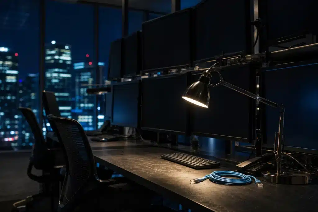 Truth Social API: Bloomberg, Susquehanna und Jump als Kunden 9 Leerer Handelsplatz bei Nacht mit Stadtlichtern hinter Glas als Bild für das Tempo-Rennen der Handelsfirmen