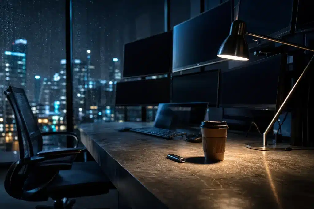 Crypto Liquidations Hit $628 Million in an Hour on Binance Hack Fears 9 Empty trading desk at night with a hardware security key under a desk lamp