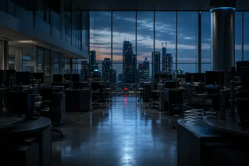 Empty trading floor at dusk with dark monitors, reflecting cautious crypto market sentiment