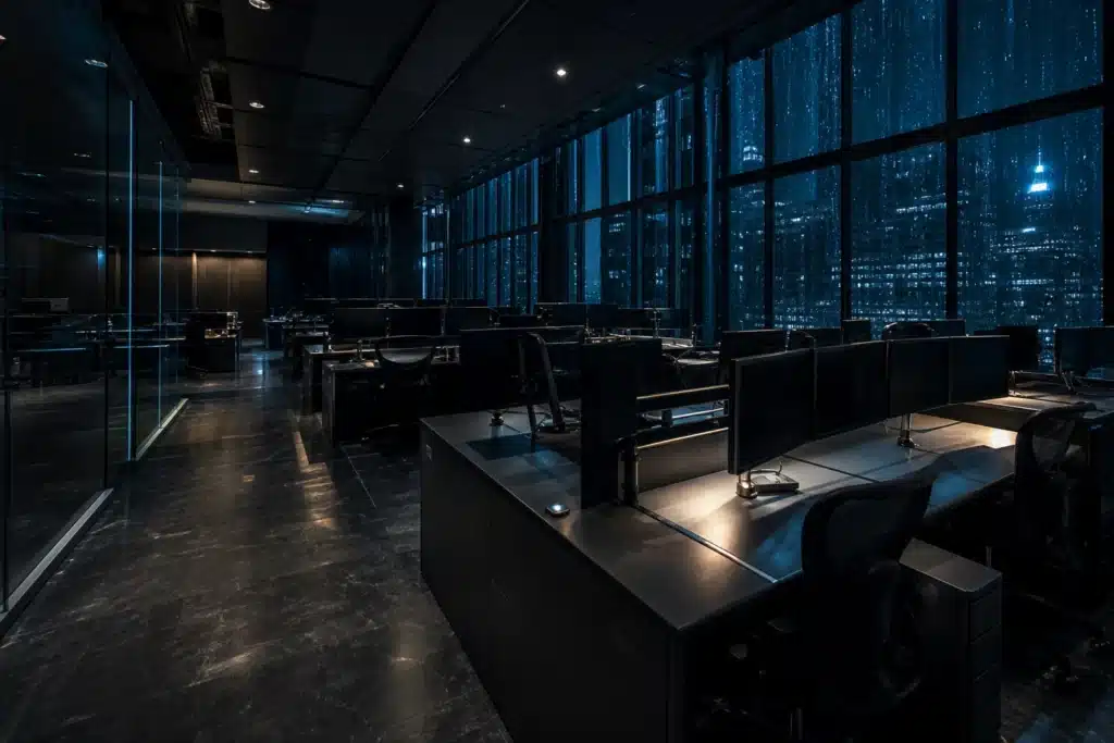 Is Bitcoin a Good Investment? What October 2026 Data Shows 9 Empty trading floor at night with dark desks and rain on tall glass windows