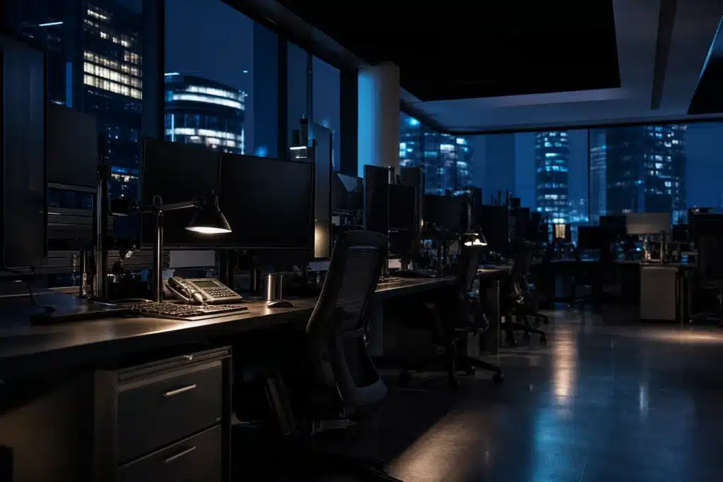 Bitcoin ETF Hedge Funds Exit the Basis Trade as Sovereign Wealth Buys In 8 Empty hedge fund trading floor at night with dark monitors and desk lamps