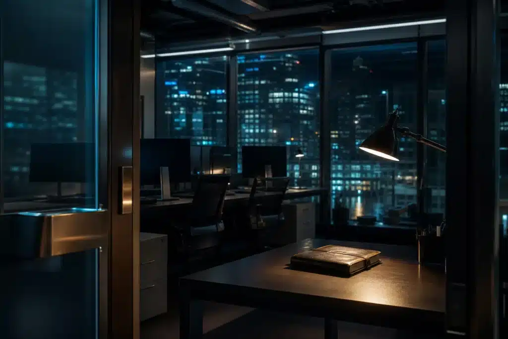Leeres Handelsbüro bei Nacht mit einzelner Schreibtischlampe und Stadtlichtern, die sich im Glas spiegeln