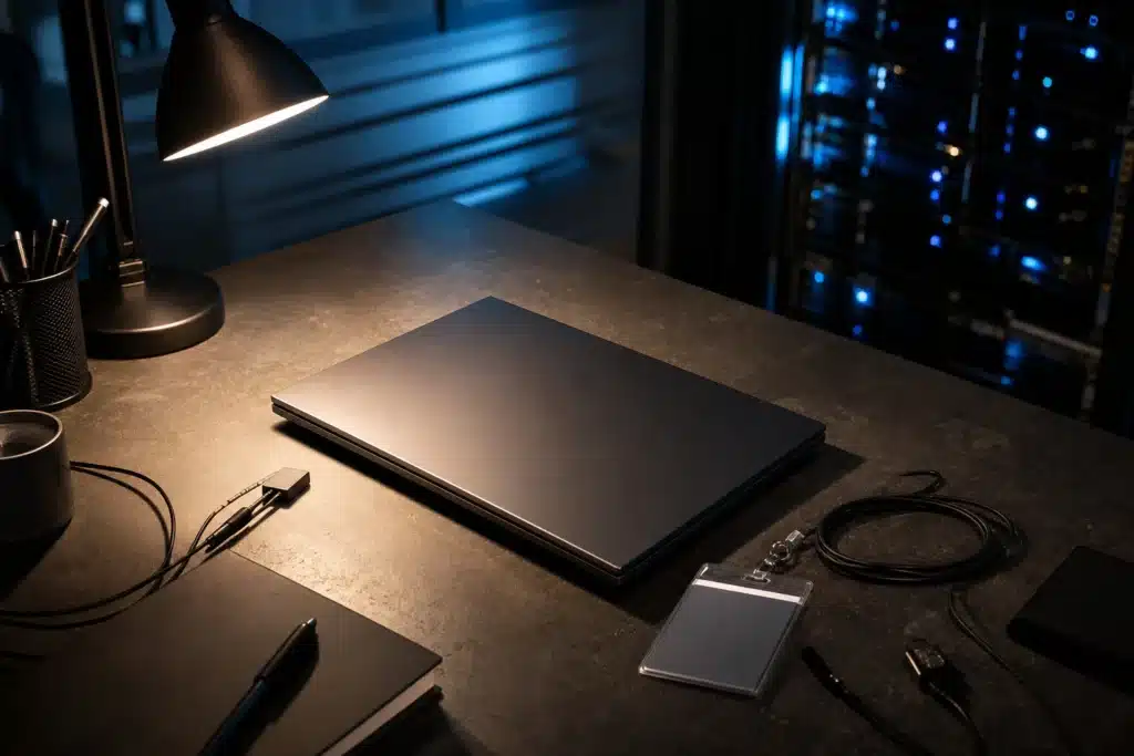 Engineer's laptop on a desk at night near a server rack, illustrating the reported breach entry point