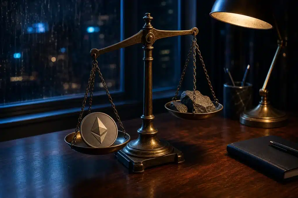 Ethereum Prognose 2026: Szenarien, wichtige Marken und Risiken 9 Balkenwaage aus Messing auf einem Schreibtisch als Bild für bärische und bullische Ethereum-Szenarien