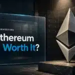 Metal Ethereum sculpture in a bank vault illustrating the question is Ethereum a good investment