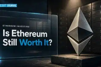 Metal Ethereum sculpture in a bank vault illustrating the question is Ethereum a good investment