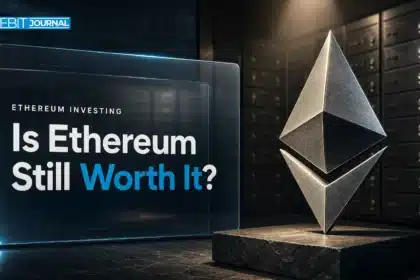 Metal Ethereum sculpture in a bank vault illustrating the question is Ethereum a good investment