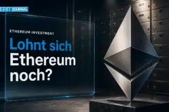 Metallskulptur des Ethereum-Symbols in einem Banktresor zur Frage, lohnt sich Ethereum noch