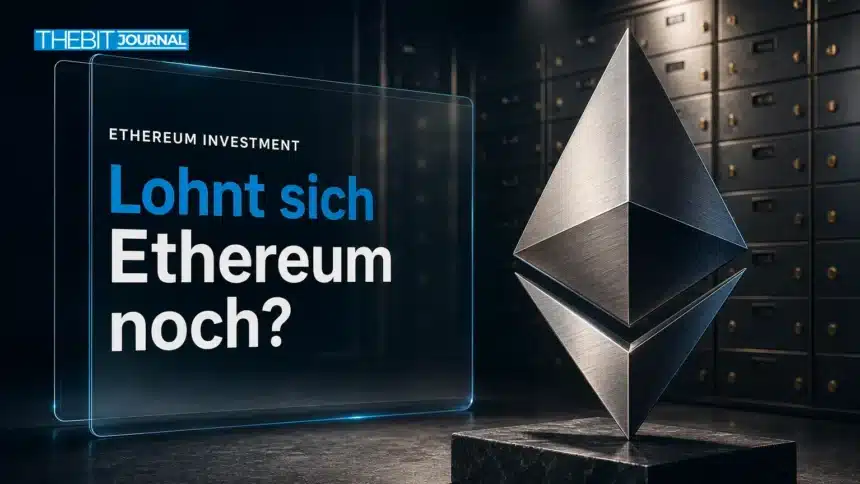 Metallskulptur des Ethereum-Symbols in einem Banktresor zur Frage, lohnt sich Ethereum noch