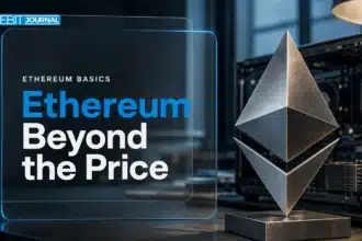 Metal Ethereum symbol beside computer hardware