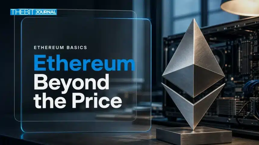 Metal Ethereum symbol beside computer hardware