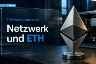 Ethereum einfach erklärt: Ethereum-Skulptur aus Metall neben Computerhardware