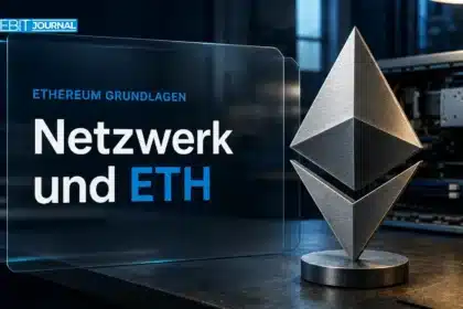 Ethereum einfach erklärt: Ethereum-Skulptur aus Metall neben Computerhardware