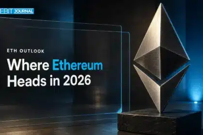 Brushed-metal Ethereum sculpture illustrating an Ethereum price prediction 2026 analysis