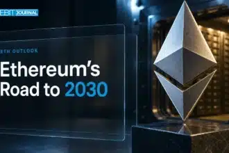 Ethereum price prediction 2026-2030 cover with a brushed-metal Ethereum sculpture in a bank vault