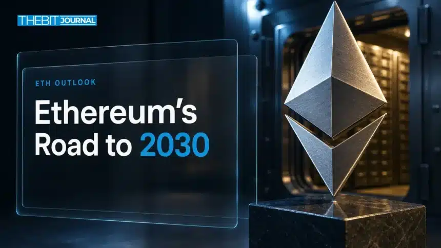 Ethereum Price Prediction 2026-2030: Scenarios, Drivers and Key Risks 7 Ethereum price prediction 2026-2030 cover with a brushed-metal Ethereum sculpture in a bank vault
