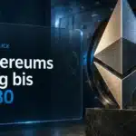 Ethereum Prognose 2030: Ethereum-Skulptur aus gebürstetem Metall in einem Banktresor