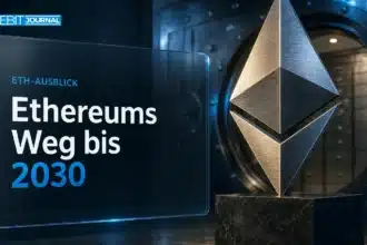 Ethereum Prognose 2030: Ethereum-Skulptur aus gebürstetem Metall in einem Banktresor
