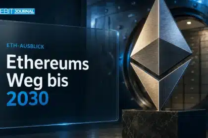 Ethereum Prognose 2030: Ethereum-Skulptur aus gebürstetem Metall in einem Banktresor