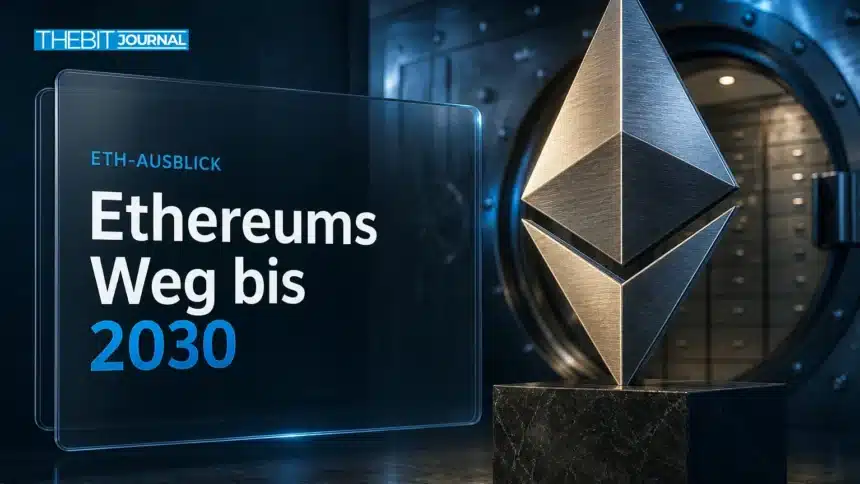 Ethereum Prognose 2030: Ethereum-Skulptur aus gebürstetem Metall in einem Banktresor