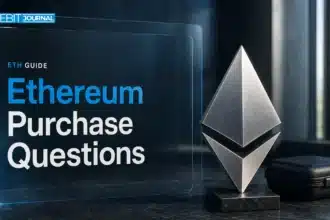 An editorial illustration of an Ethereum sculpture beside a closed wallet case.