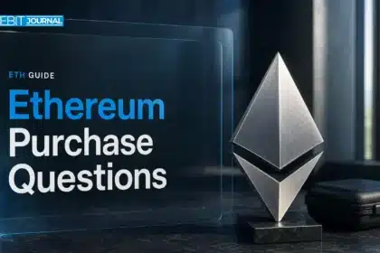 An editorial illustration of an Ethereum sculpture beside a closed wallet case.