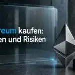 Ethereum kaufen: Metallskulptur neben einem geschlossenen Wallet-Etui auf einem dunklen Steintisch