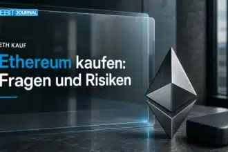 Ethereum kaufen: Metallskulptur neben einem geschlossenen Wallet-Etui auf einem dunklen Steintisch