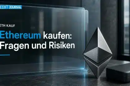 Ethereum kaufen: Metallskulptur neben einem geschlossenen Wallet-Etui auf einem dunklen Steintisch